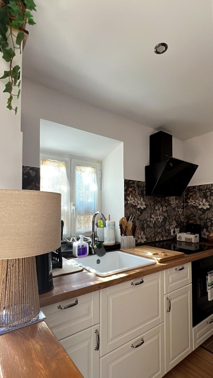 Kitchen or kitchenette, stove