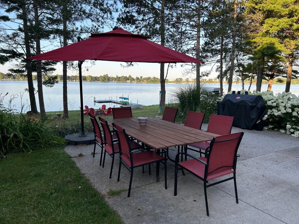 Patio, Natural landscape, Dining area, Lake view