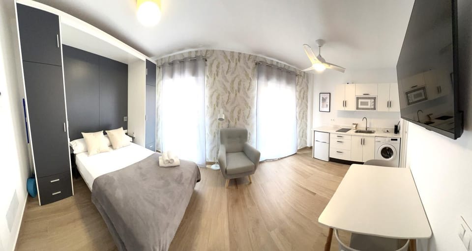 Bed, TV and multimedia, Kitchen or kitchenette, Photo of the whole room, Decorative detail, Bedroom, towels, washing machine