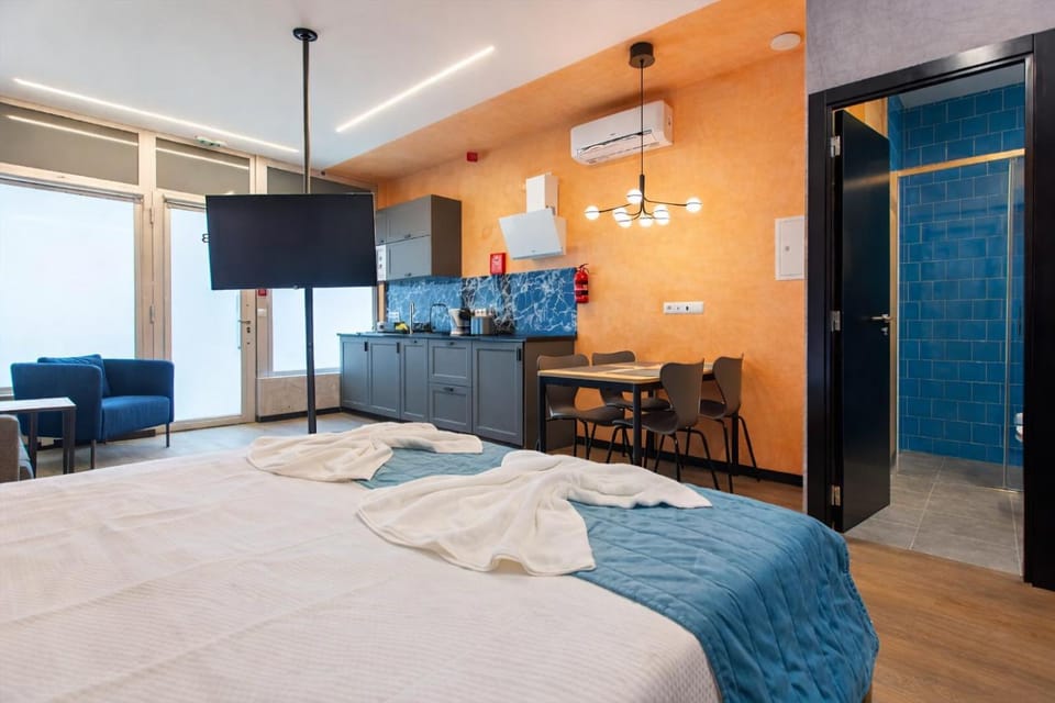 Bed, TV and multimedia, Kitchen or kitchenette, Living room, Seating area, Bedroom