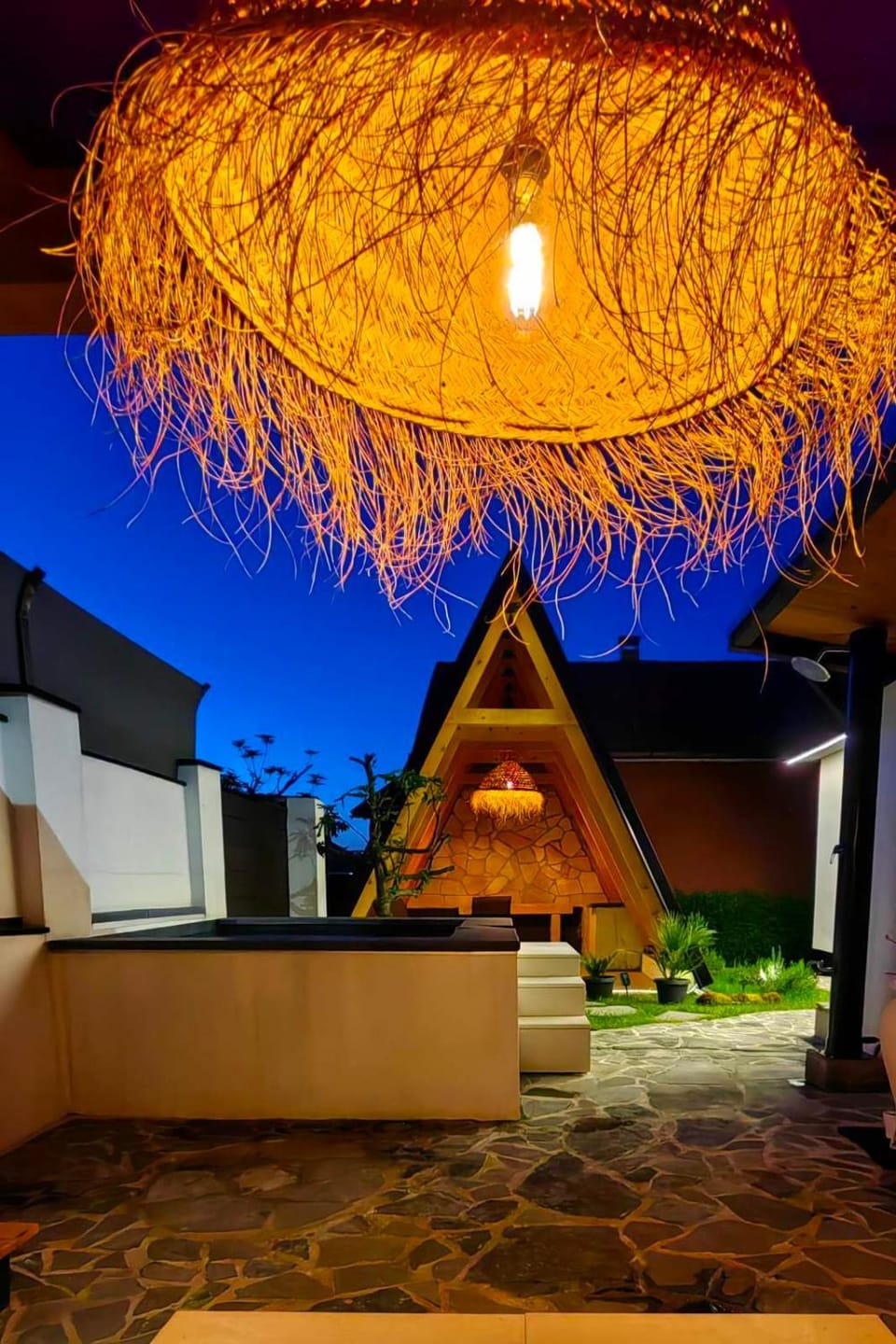 Property building, Patio, Night, Garden view, Swimming pool
