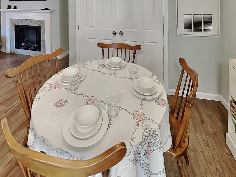 Dining area, fireplace, furniture