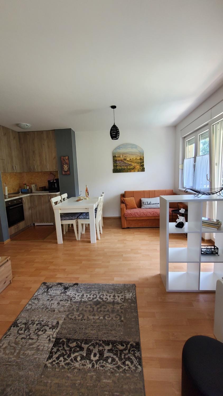 Kitchen or kitchenette, Living room, Seating area, Dining area
