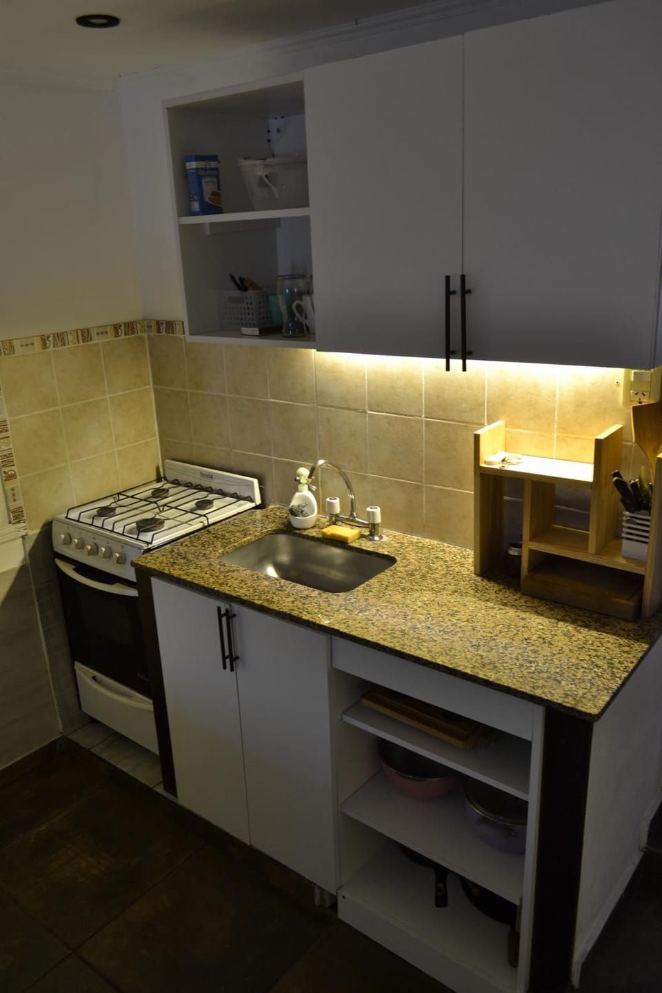 Kitchen or kitchenette, stove