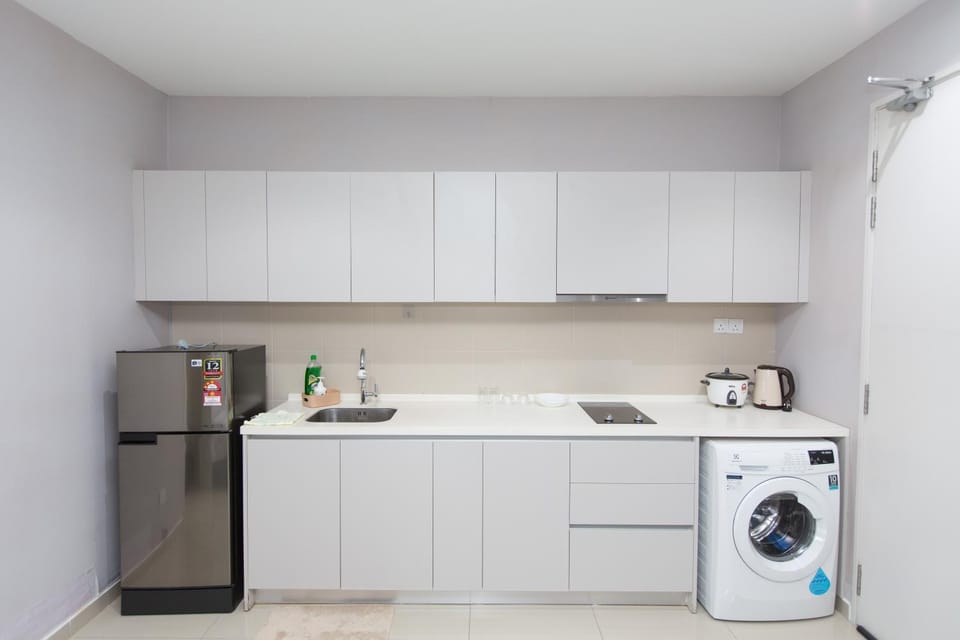 Kitchen or kitchenette, stove, washing machine, dryer
