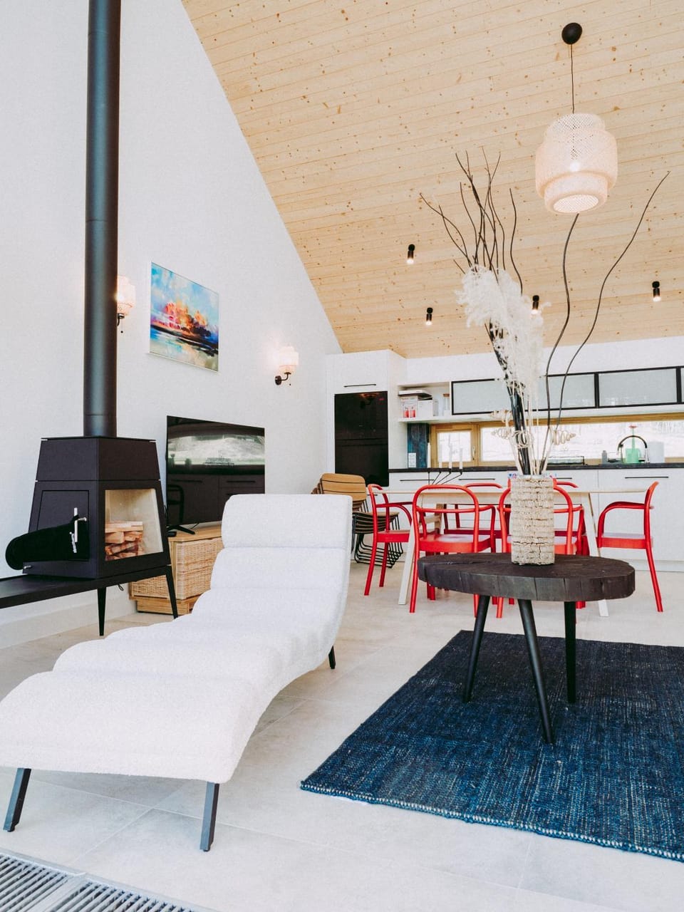 Kitchen or kitchenette, Living room, Dining area, fireplace