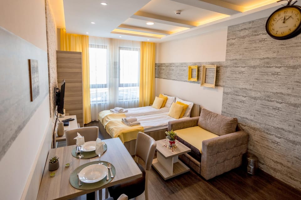 Bed, Living room, Seating area