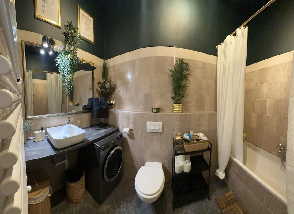 Shower, Toilet, Bathroom, Bath, hair dryier, towels, washing machine, dryer