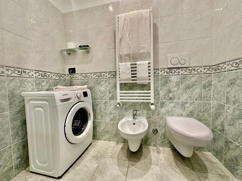 Toilet, Bathroom, bidet, towels, washing machine