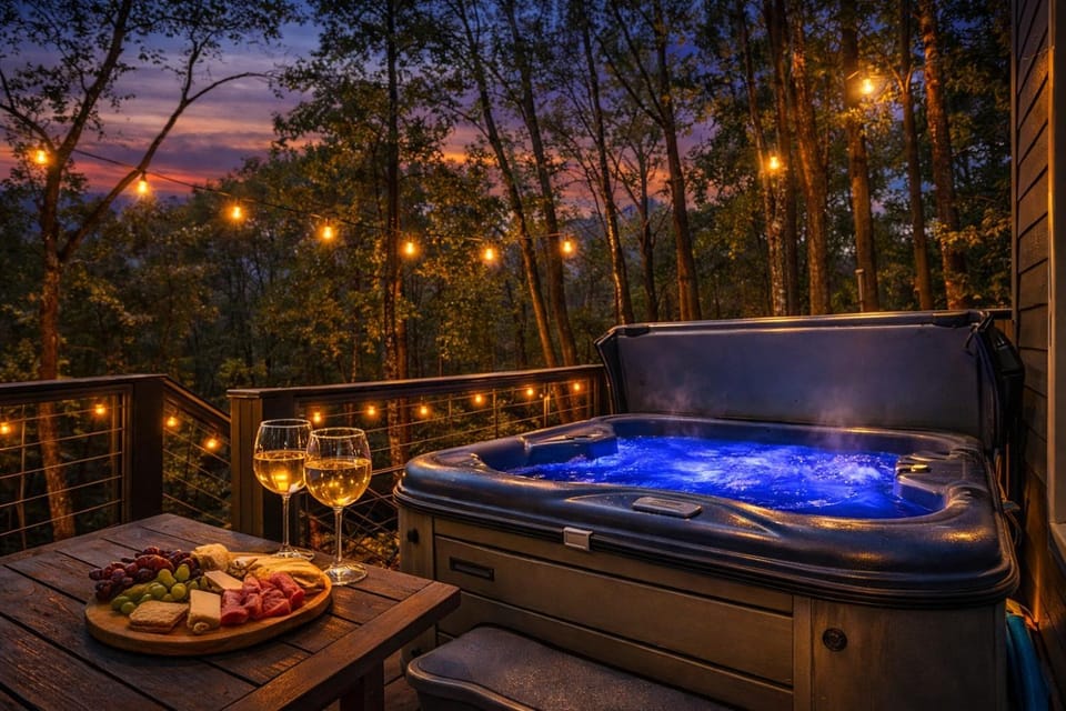 Patio, Natural landscape, Hot Tub, Food and drinks, Alcoholic drinks, Sunset