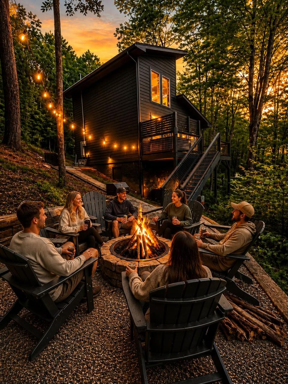 Property building, Patio, Natural landscape, View (from property/room), Balcony/Terrace, Seating area, Sunset, fireplace