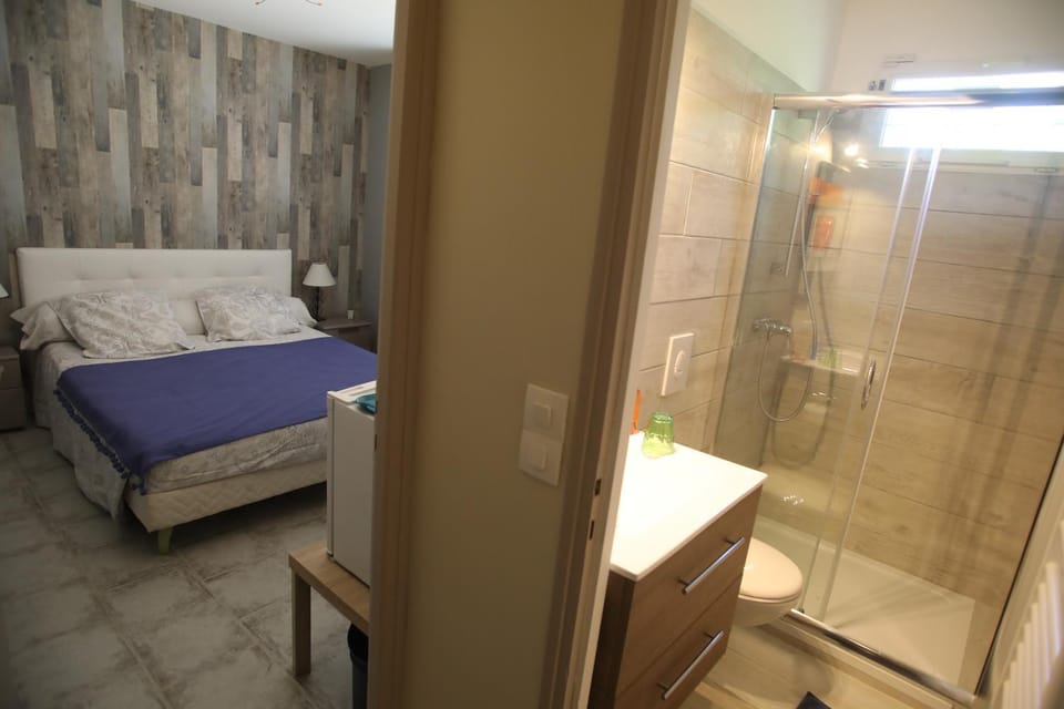 Shower, Toilet, Bed, Bathroom, Photo of the whole room, Decorative detail, Bedroom