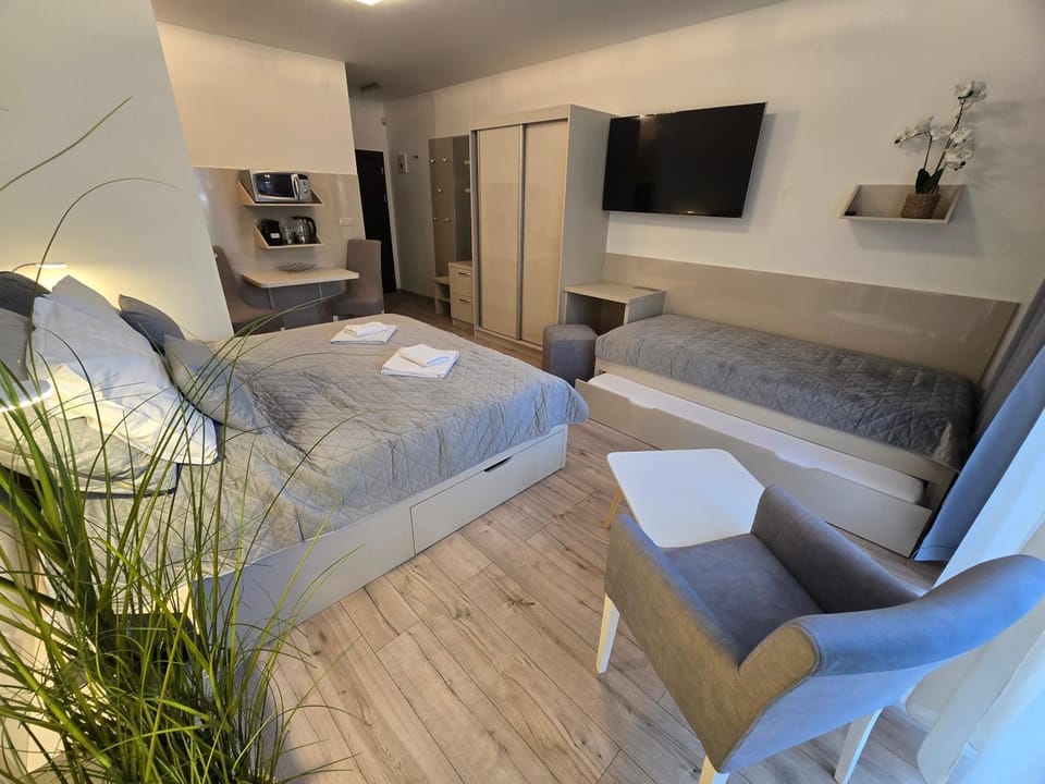 Communal lounge/ TV room, Bed, TV and multimedia, Kitchen or kitchenette, Living room, Photo of the whole room, Seating area, Bedroom