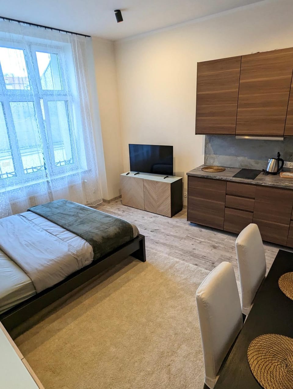 Bed, TV and multimedia, Kitchen or kitchenette, Photo of the whole room, Seating area, Bedroom