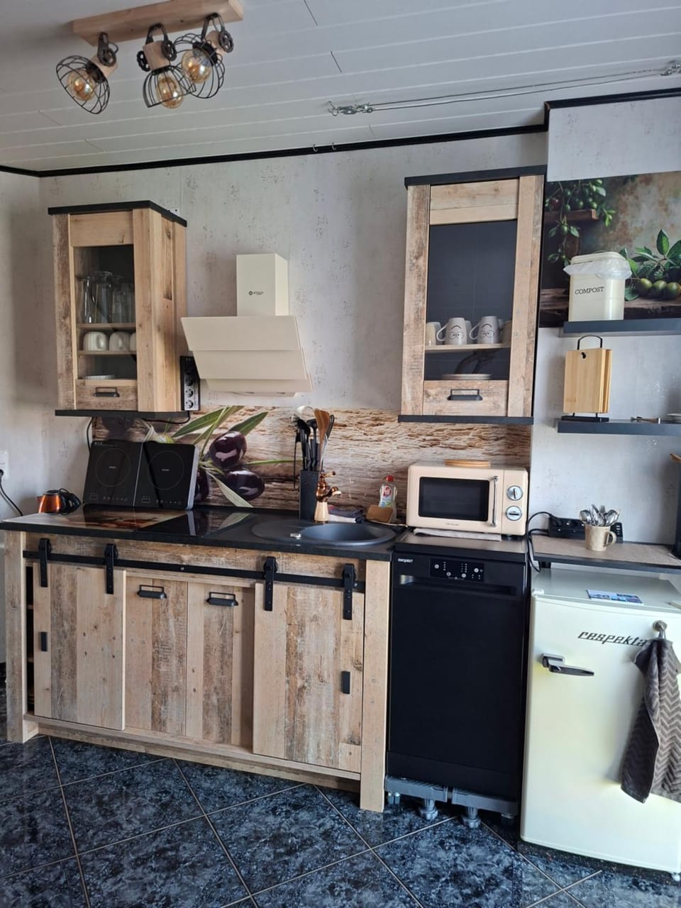 Kitchen or kitchenette, dishwasher, stove