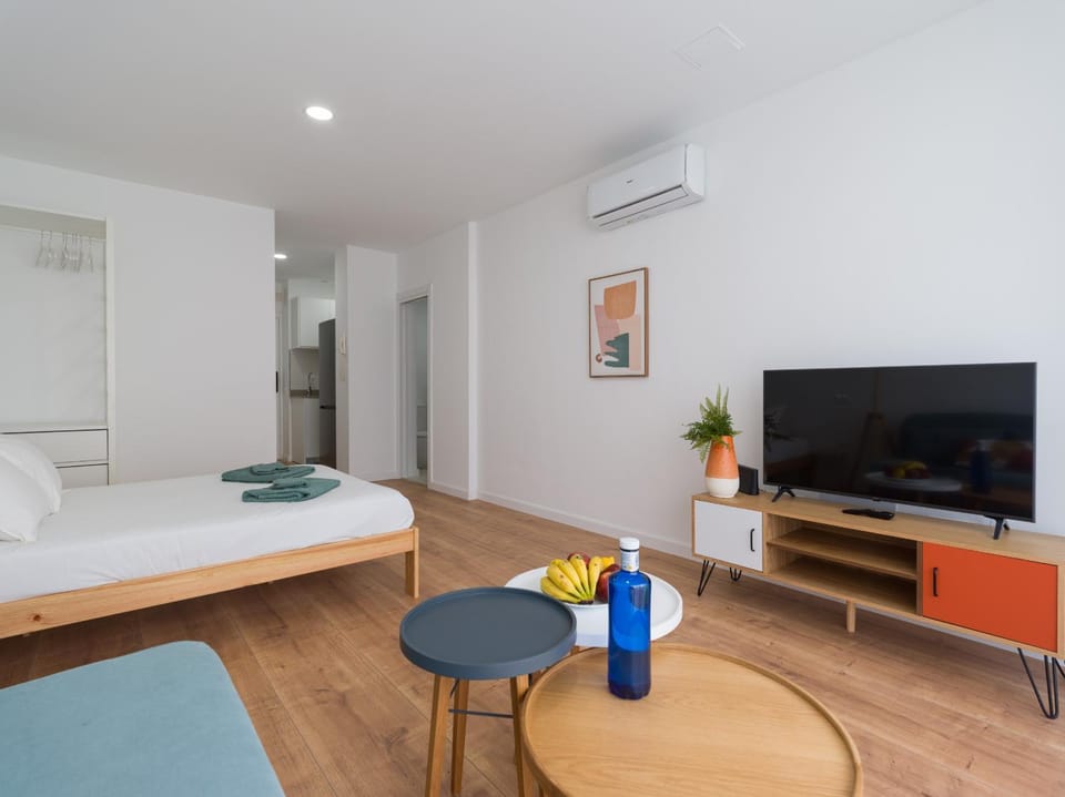 Communal lounge/ TV room, Bed, TV and multimedia, Living room, Photo of the whole room, Seating area, towels, air conditioner