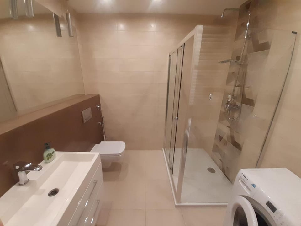 Shower, Toilet, Bathroom, towels, washing machine, dryer