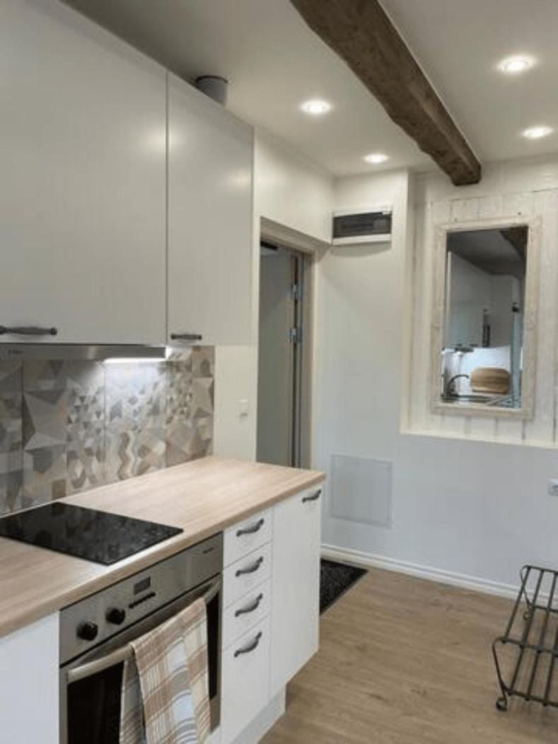 Kitchen or kitchenette, stove