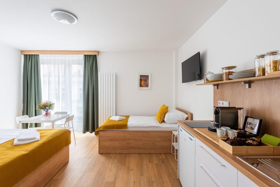 Bed, TV and multimedia, Kitchen or kitchenette, Photo of the whole room, Seating area, Bedroom, stove