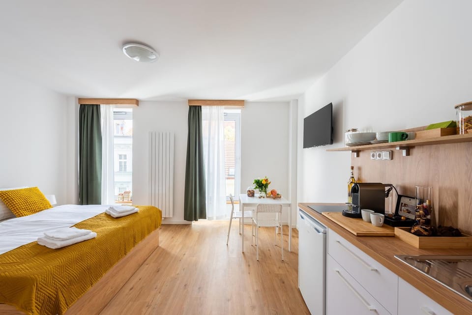 Bed, TV and multimedia, Kitchen or kitchenette, Photo of the whole room, Seating area, Bedroom