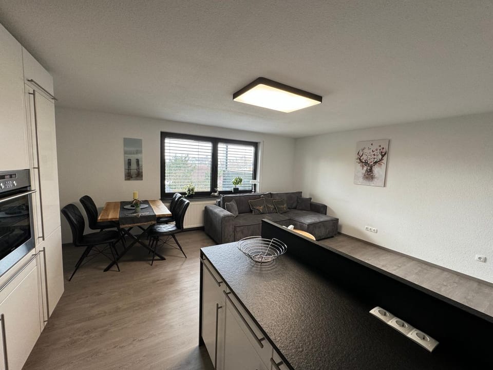 Kitchen or kitchenette, Living room, Seating area, Dining area