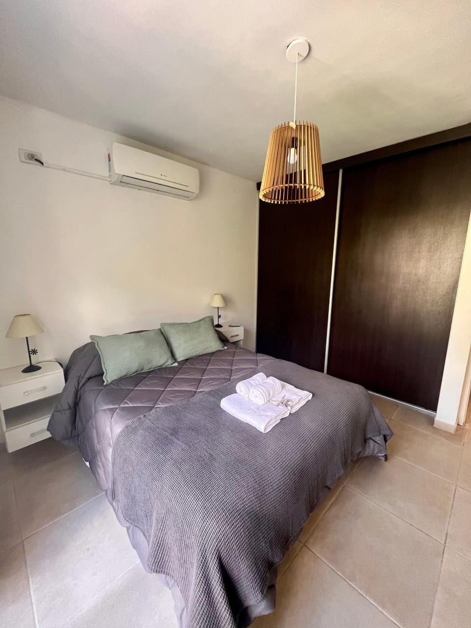 Bed, Photo of the whole room, Bedroom, towels, air conditioner