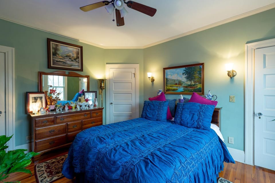 Property building, Bed, TV and multimedia, Photo of the whole room, Bedroom, fireplace