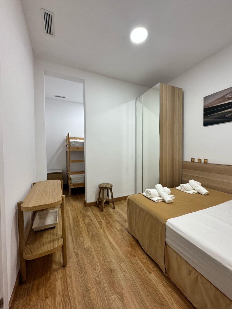 Bed, Photo of the whole room, Bedroom, bunk bed, towels, wardrobe