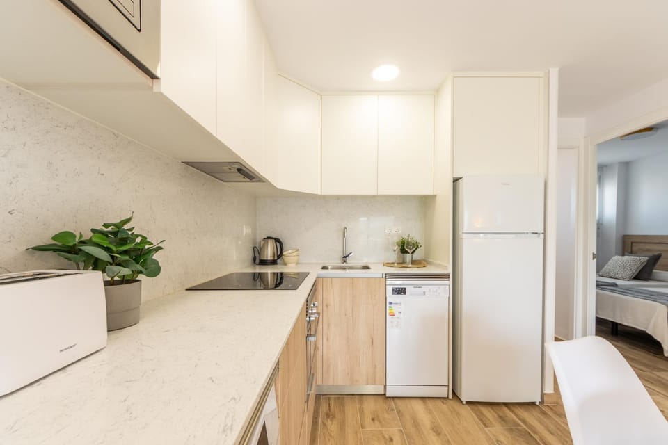 Kitchen or kitchenette, dishwasher, stove, toaster