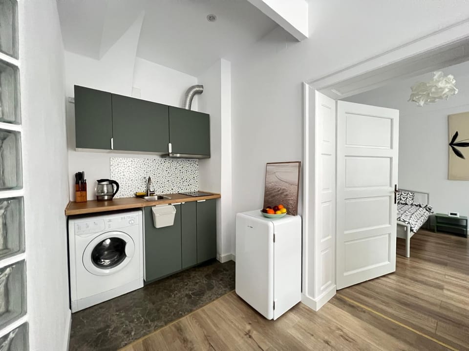 Kitchen or kitchenette, stove, washing machine