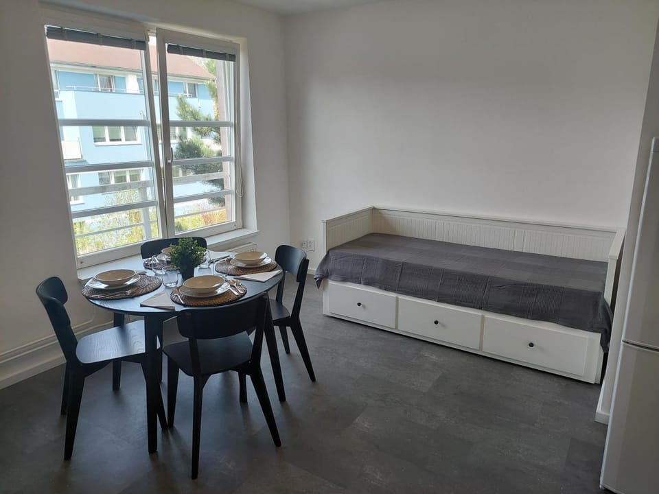 Bed, Living room, Dining area