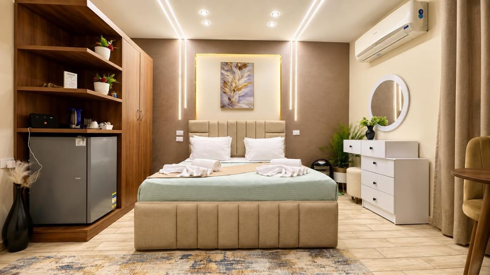 Bed, Photo of the whole room, Bedroom, towels, wardrobe, air conditioner