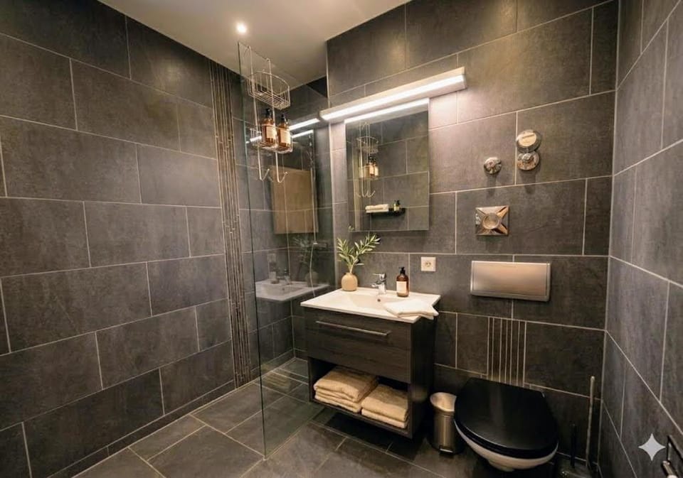Shower, Toilet, Bathroom, hair dryier, towels