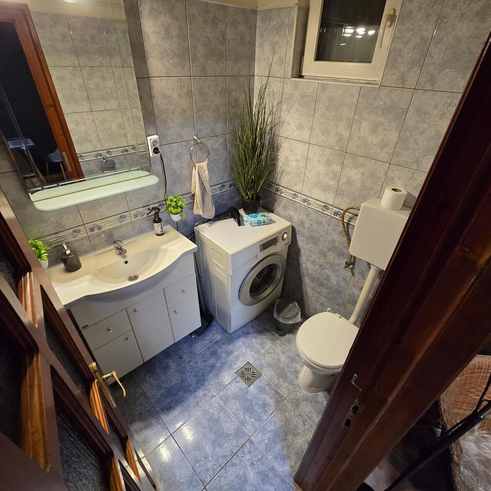 Toilet, Bathroom, Bath, towels, washing machine, dryer