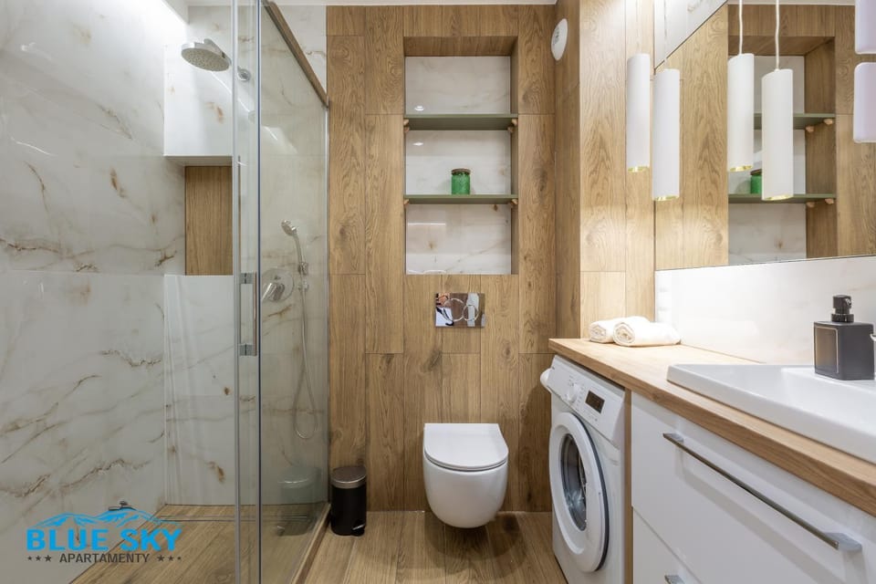 Shower, Toilet, towels, washing machine