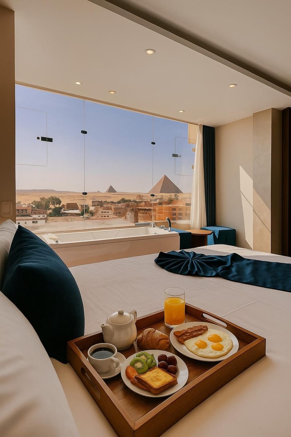 Bed, Natural landscape, Photo of the whole room, Bedroom, Food, Breakfast, Continental breakfast, Lunch, Drinks