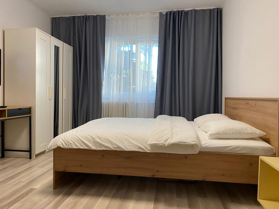 Bed, wardrobe