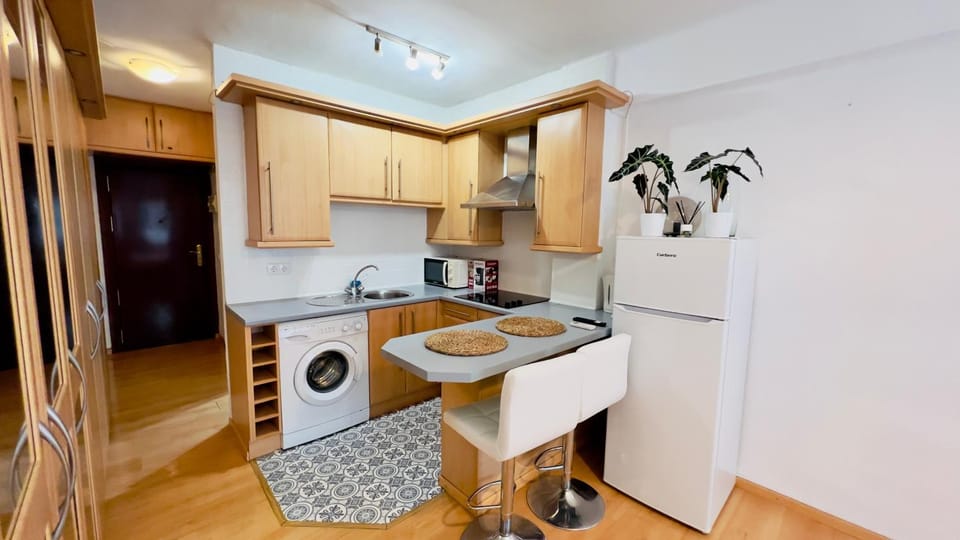 Kitchen or kitchenette, minibar, stove, toaster, washing machine