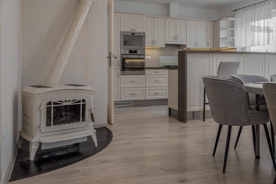 Kitchen or kitchenette, Dining area, fireplace, stove