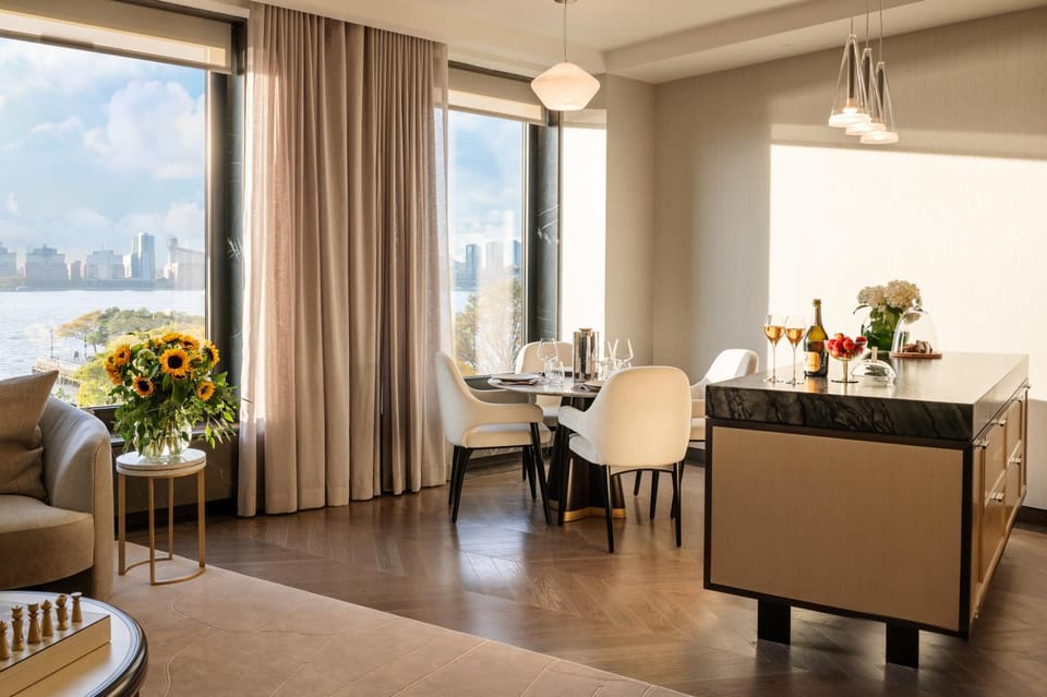 Living room, Seating area, Dining area, River view