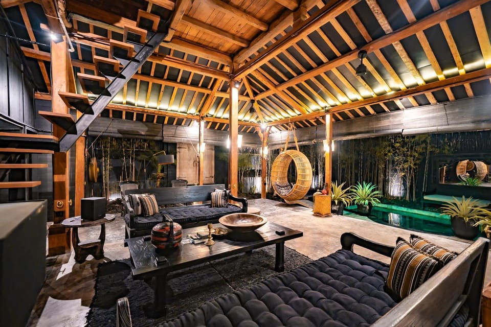 Living room, Seating area, Pool view