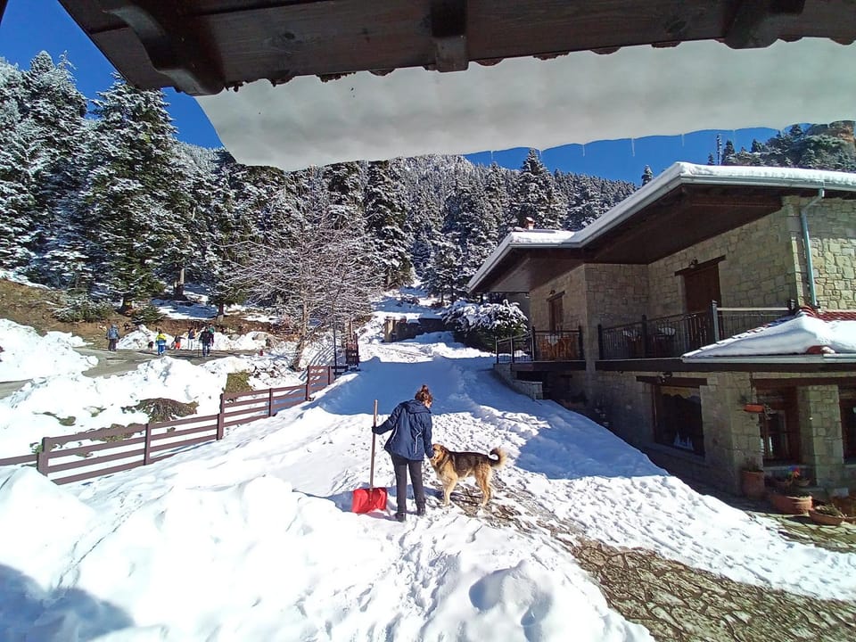 Property building, Day, People, Natural landscape, Winter, Mountain view