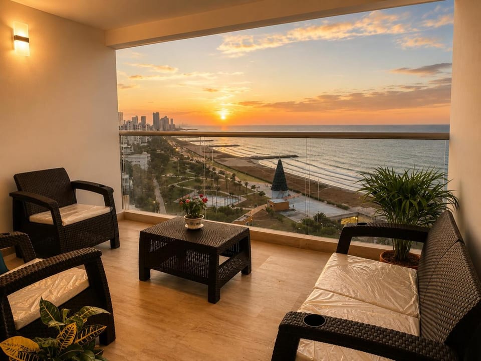 View (from property/room), Balcony/Terrace, Seating area, Sea view, Sunset