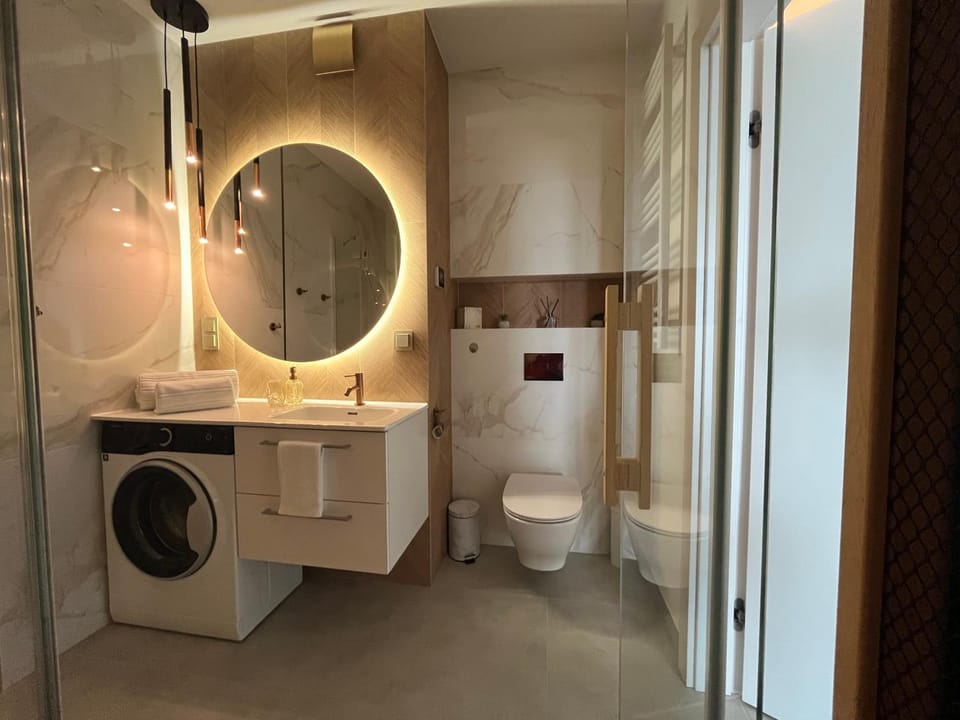 Shower, Toilet, Bathroom, towels, washing machine, dryer