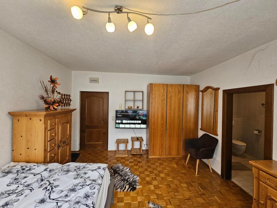Bed, wardrobe