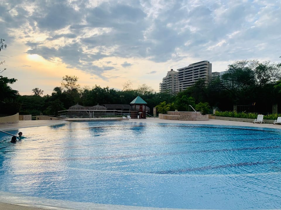 Pool view, Swimming pool, Sunset, sunbed