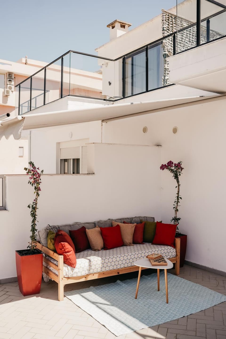 Property building, Patio, Day, View (from property/room), Balcony/Terrace, Living room, Seating area