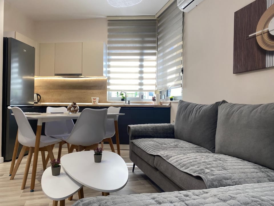 Kitchen or kitchenette, Living room, Seating area, Dining area