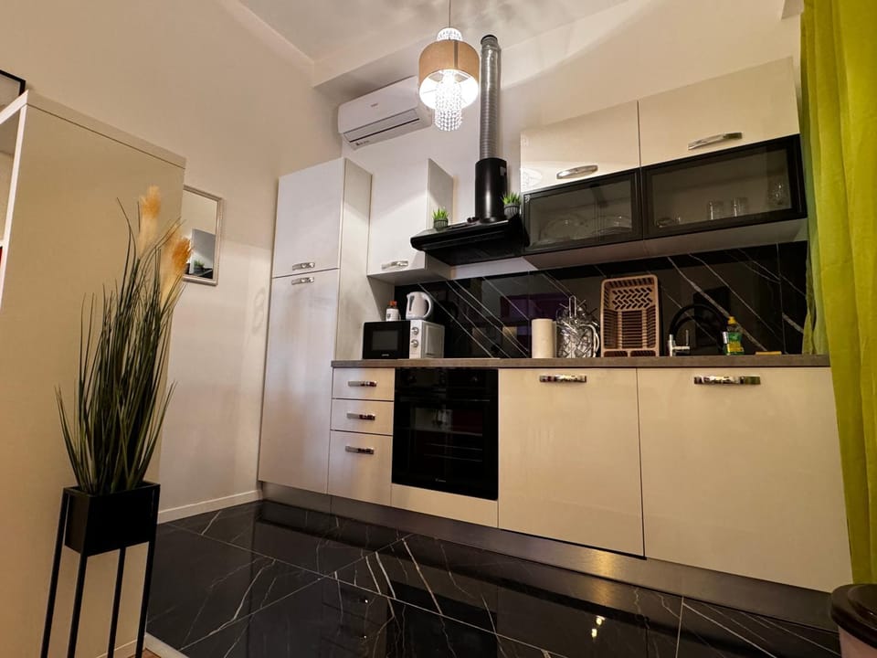 Kitchen or kitchenette, oven, stove, air conditioner