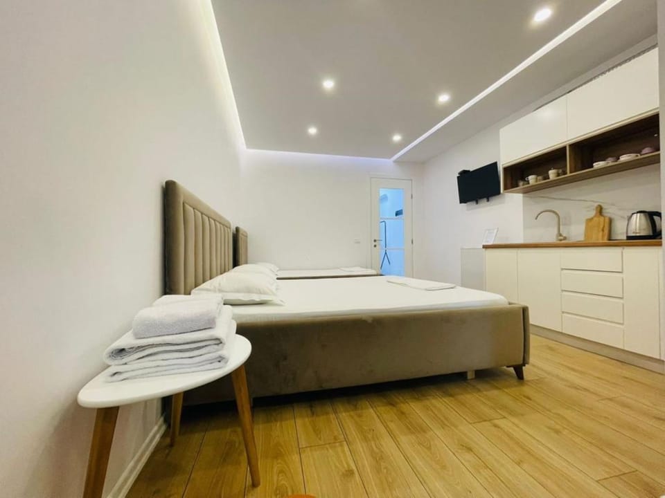 Bed, TV and multimedia, Kitchen or kitchenette, Photo of the whole room, Bedroom, towels